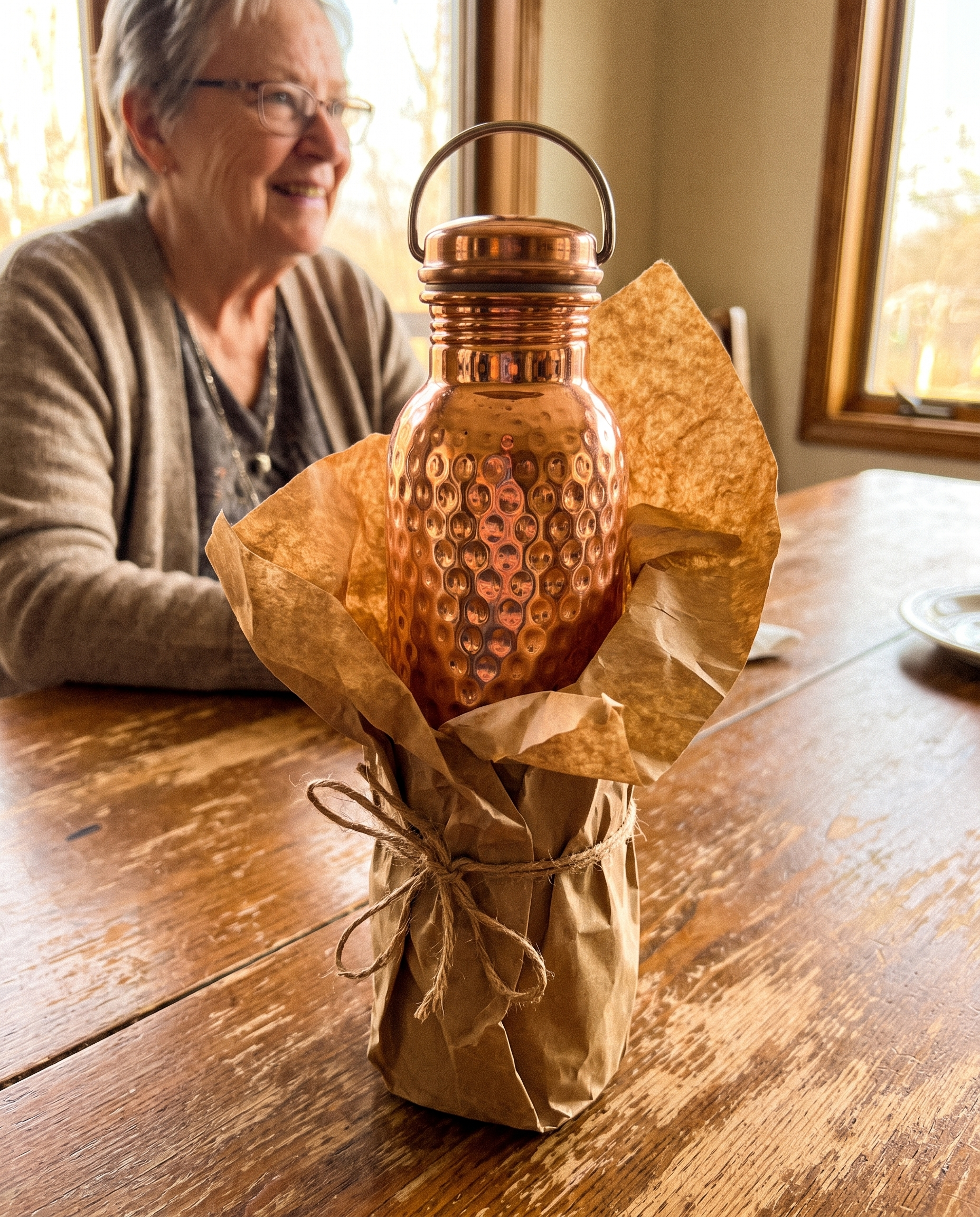 Two DailyCopper bottles wrapped as a gift on a kitchen table