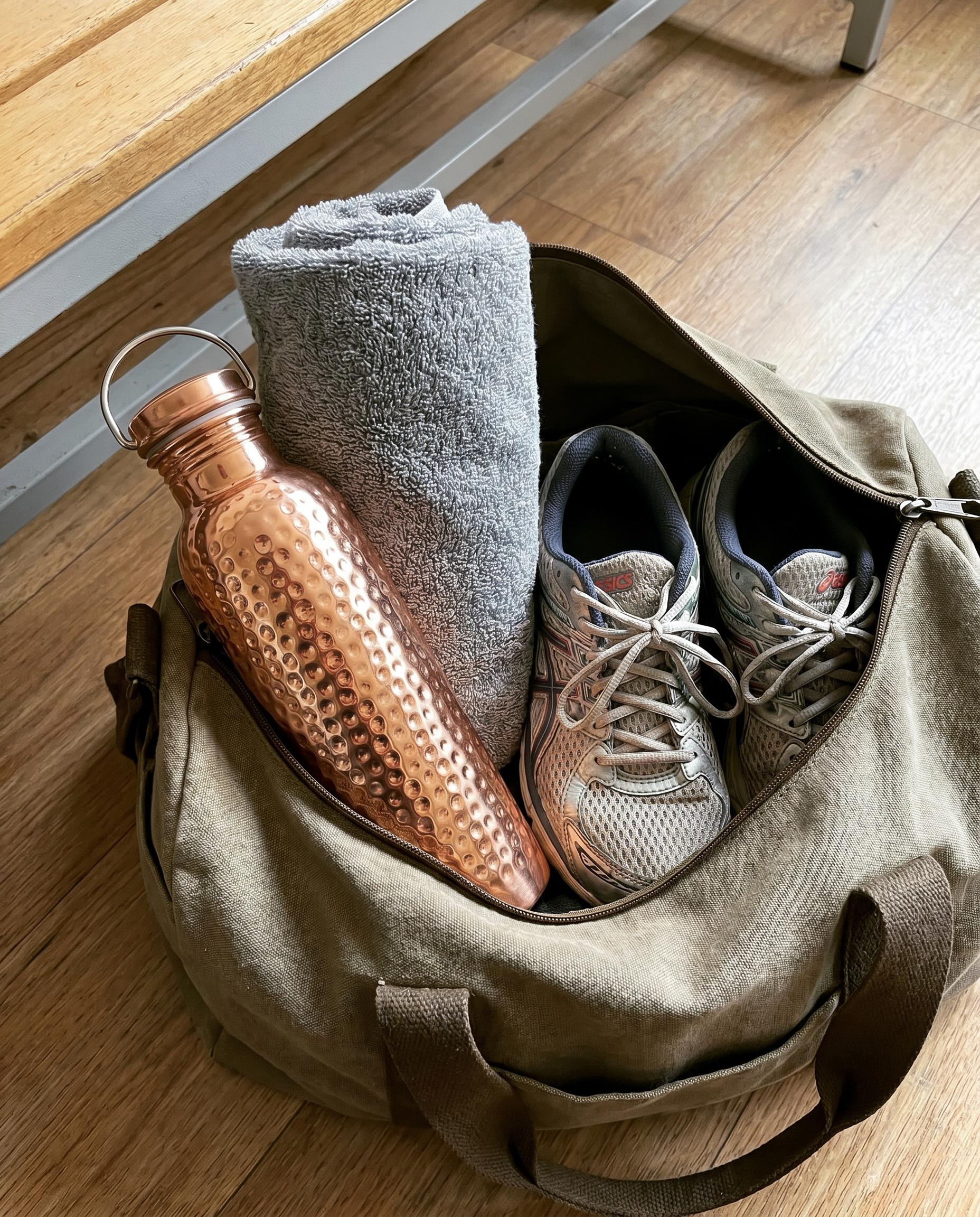The DailyCopper bottle in a gym bag beside a towel and dumbbells