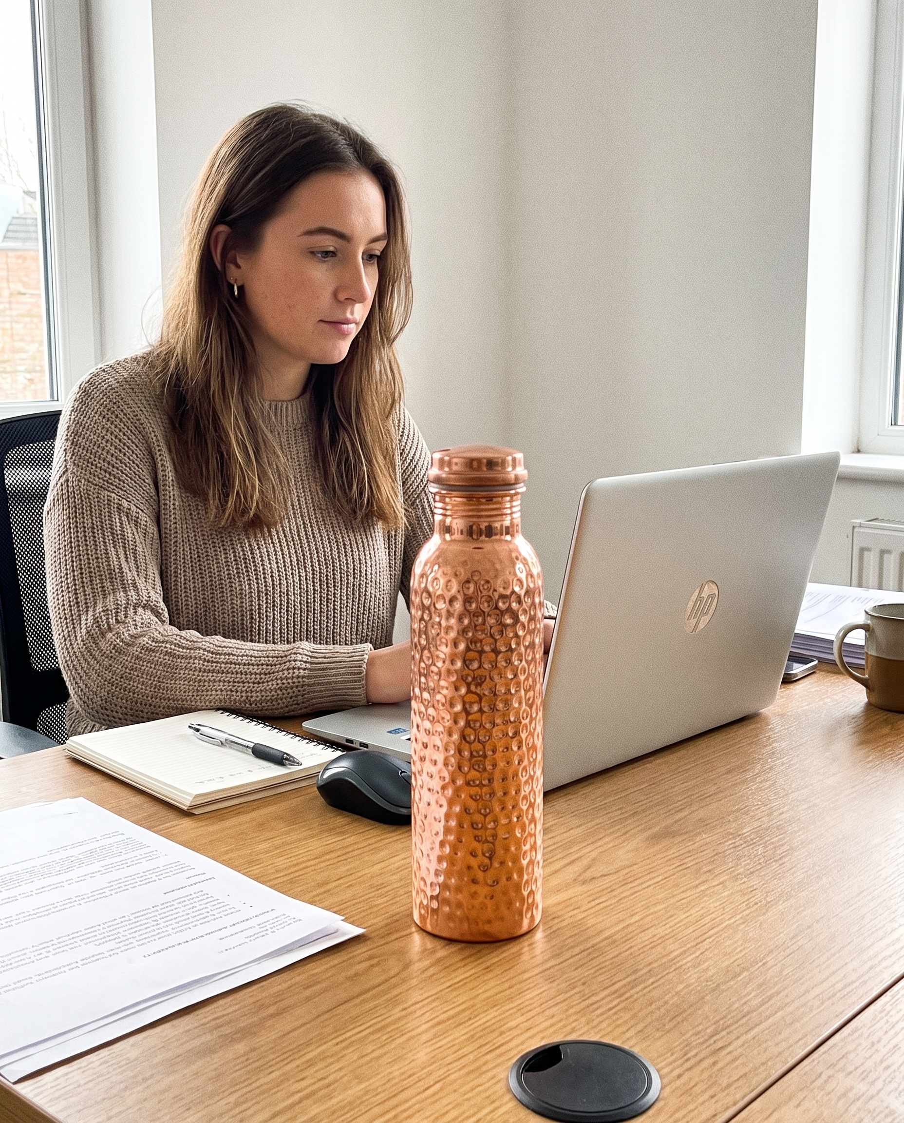 The DailyCopper bottle standing on a wooden desk next to a laptop