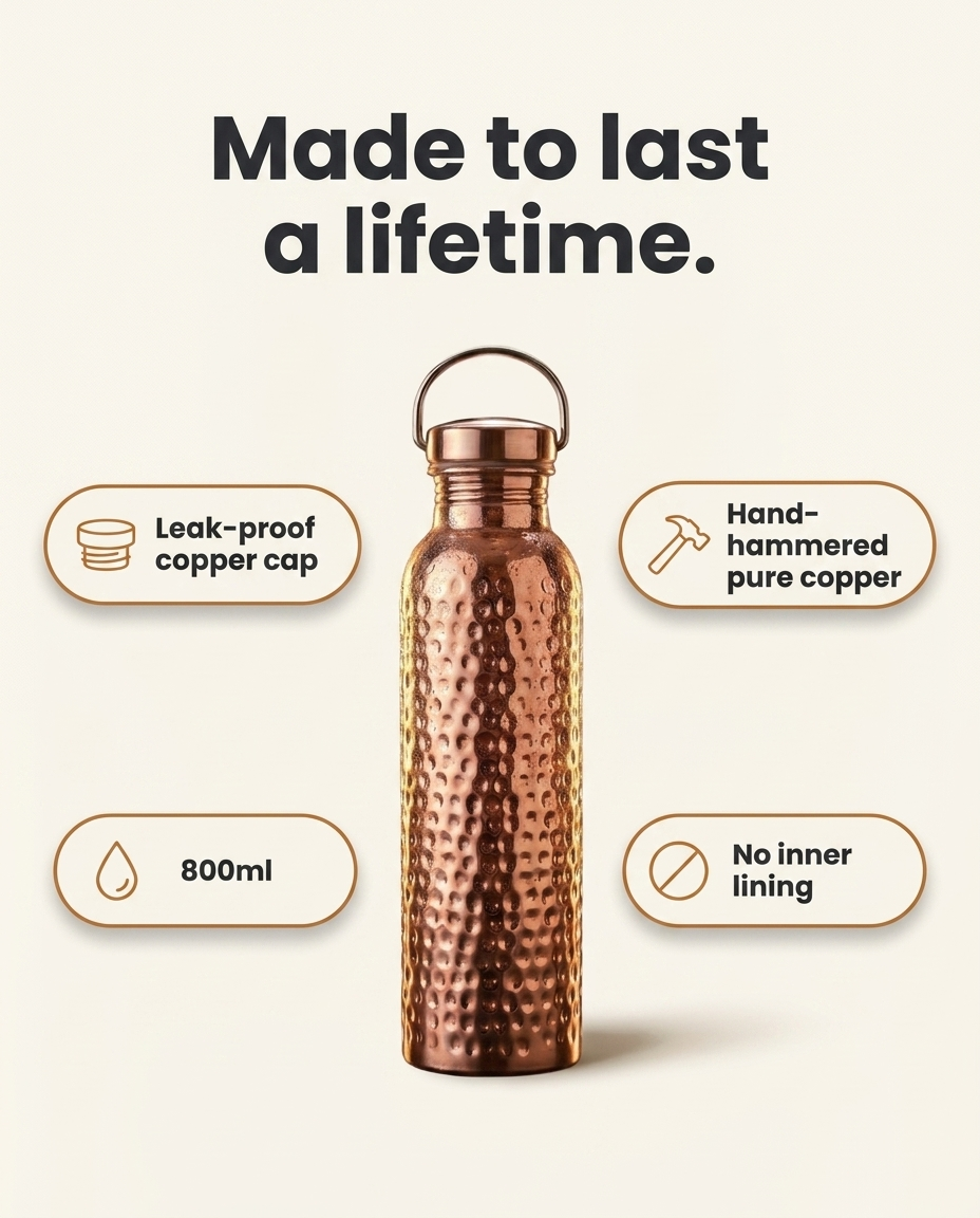 Made to last a lifetime: leak-proof copper cap, hand-hammered pure copper, 800ml, no inner lining