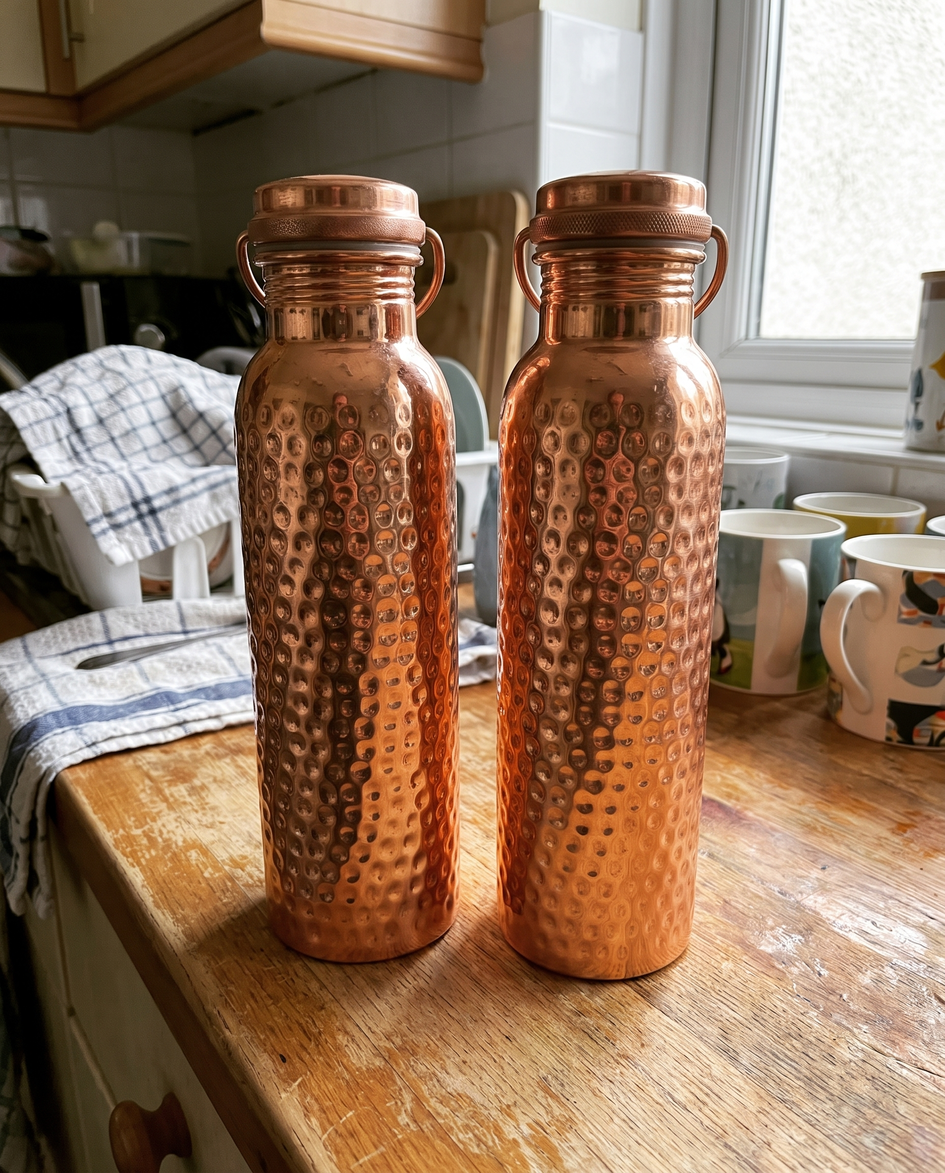 Two DailyCopper bottles side by side on a kitchen counter in a customer's photo
