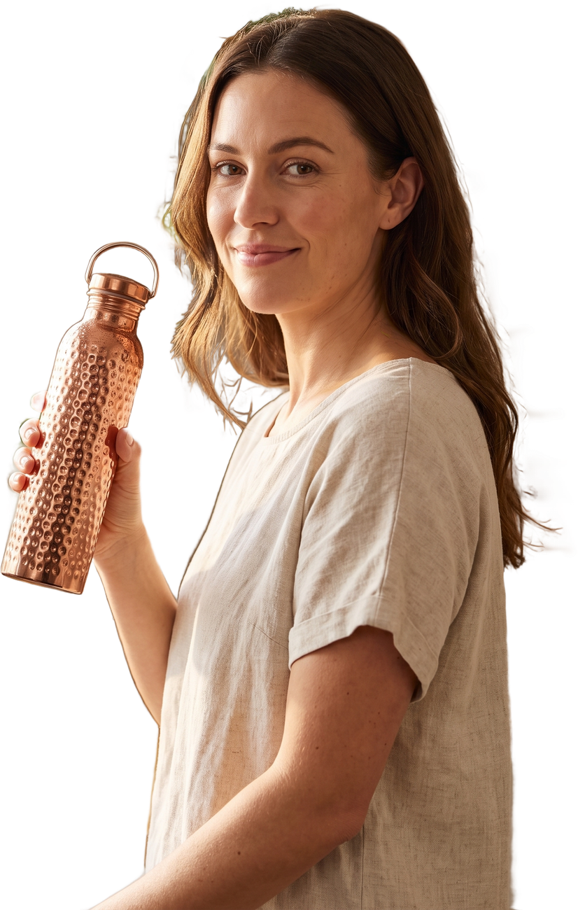 A woman holding her DailyCopper bottle in a bright, airy kitchen